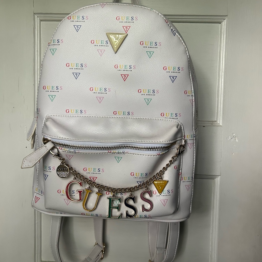 Guess White Logo Print Backpack with Metallic Accents